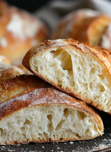 Freshly baked rustic Italian crusty bread loaf on a wooden table