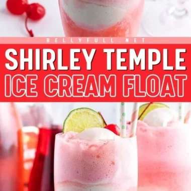 Shirley Temple Ice Cream Float topped with cherries and whipped cream