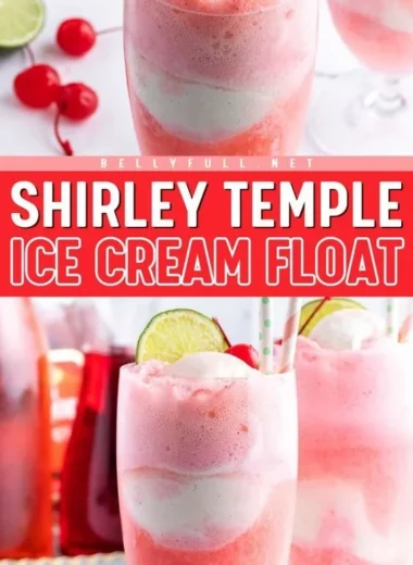 Shirley Temple Ice Cream Float topped with cherries and whipped cream