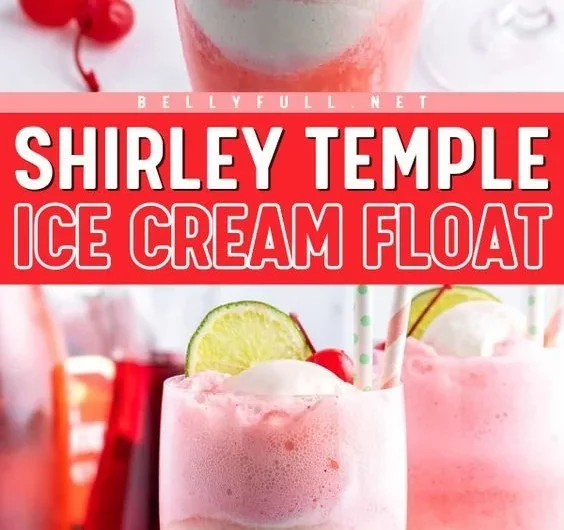 Shirley Temple Ice Cream Float topped with cherries and whipped cream