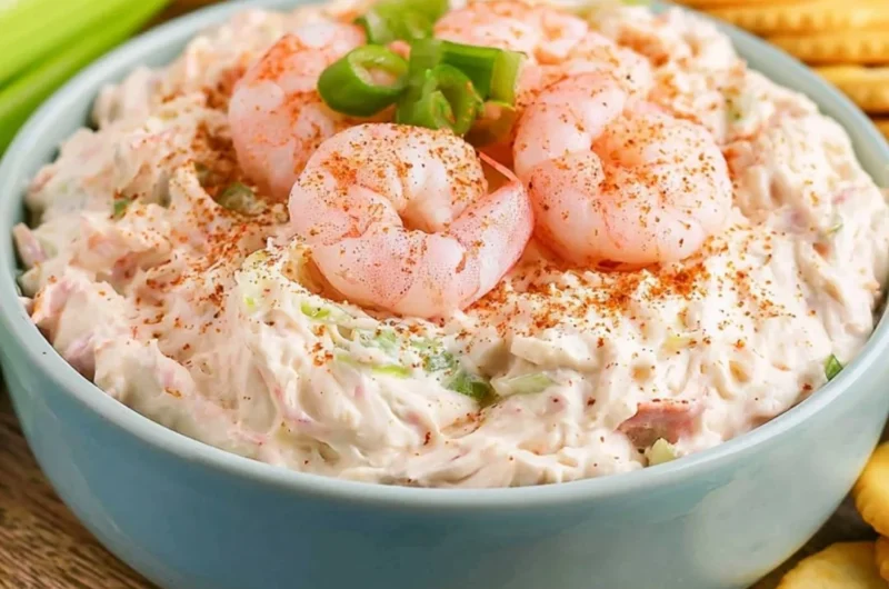 Creamy shrimp dip served in a bowl with fresh herbs and crackers