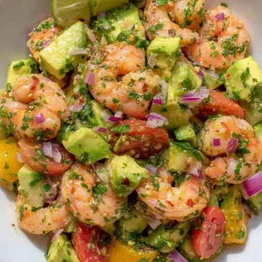 Delicious shrimp salad served in a bowl with fresh vegetables