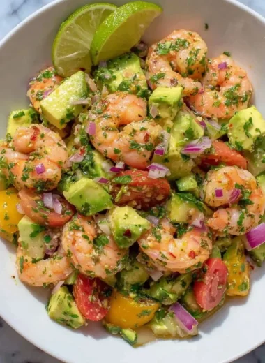 Delicious shrimp salad served in a bowl with fresh vegetables