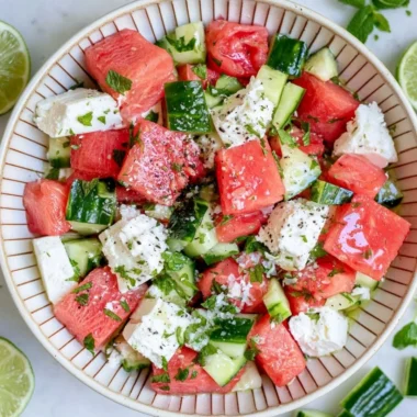 Fresh watermelon, cucumber, and feta salad in a bowl