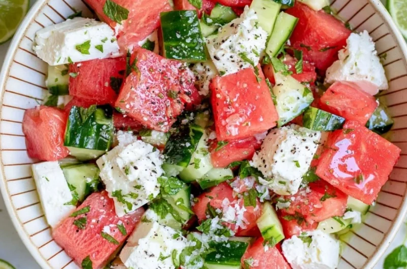Fresh watermelon, cucumber, and feta salad in a bowl