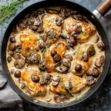 Skillet Chicken with Mushroom Wine Sauce served in a skillet