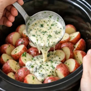 Delicious slow cooker herb ranch potatoes garnished with fresh herbs.