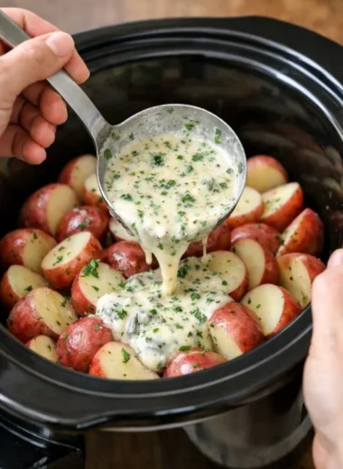 Delicious slow cooker herb ranch potatoes garnished with fresh herbs.