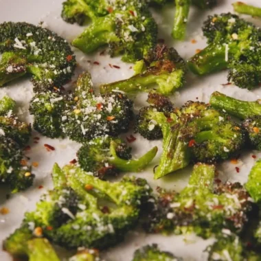 Plate of smashed broccoli with garlic and olive oil