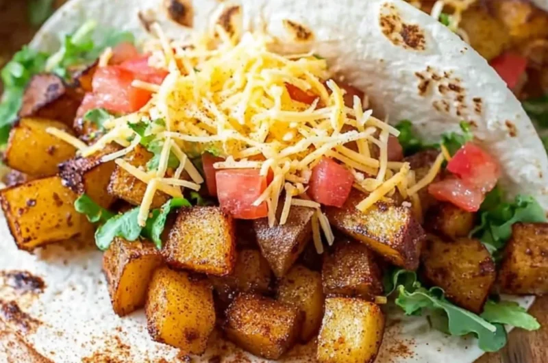 Spicy potato soft tacos served with fresh toppings on a plate