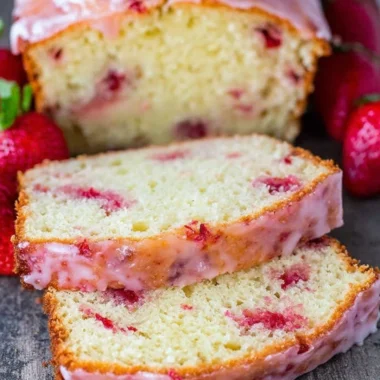 Homemade Strawberry Pound Cake with fresh strawberries and whipped cream