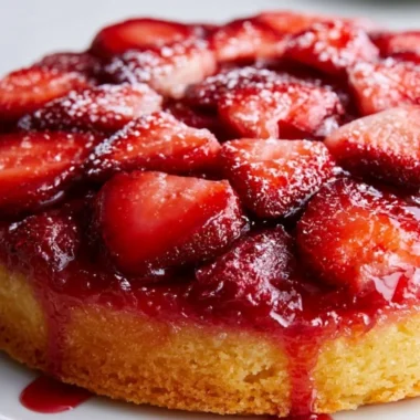 Delicious strawberry upside down cake with fresh strawberries on top