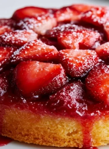 Delicious strawberry upside down cake with fresh strawberries on top