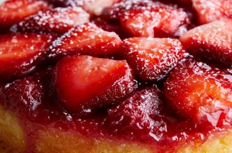 Delicious strawberry upside down cake with fresh strawberries on top