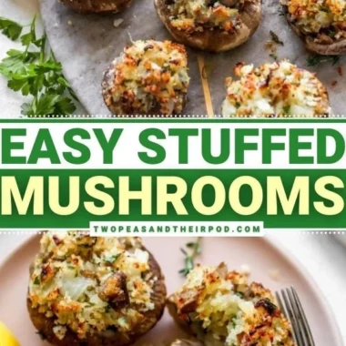 Plate of delicious stuffed mushrooms garnished with herbs
