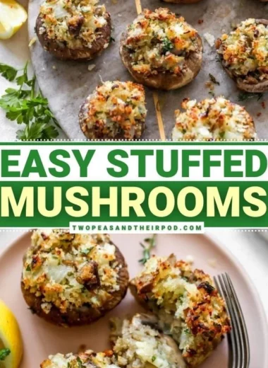 Plate of delicious stuffed mushrooms garnished with herbs