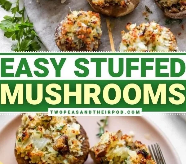 Plate of delicious stuffed mushrooms garnished with herbs