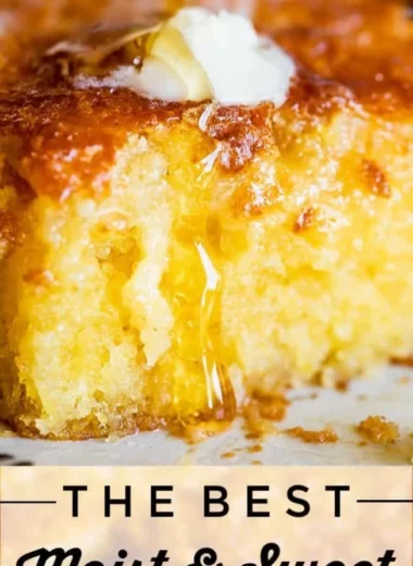 Sweet and moist honey cornbread served on a wooden table
