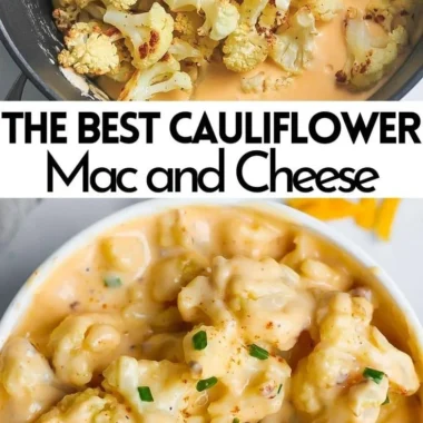 Delicious bowl of cauliflower mac and cheese topped with cheese and herbs