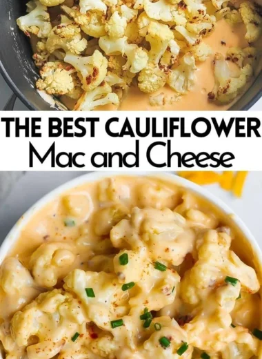 Delicious bowl of cauliflower mac and cheese topped with cheese and herbs