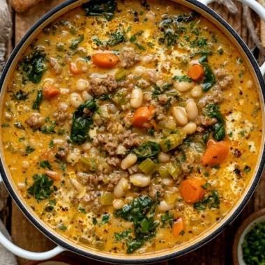 Bowl of delicious Tuscan White Bean Soup garnished with herbs.