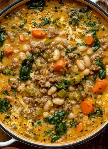 Bowl of delicious Tuscan White Bean Soup garnished with herbs.