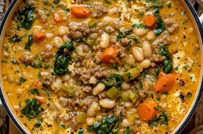 Bowl of delicious Tuscan White Bean Soup garnished with herbs.