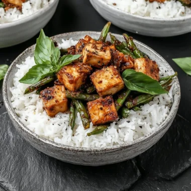 Vegan Black Pepper Tofu Stir Fry served with colorful vegetables in a bowl.