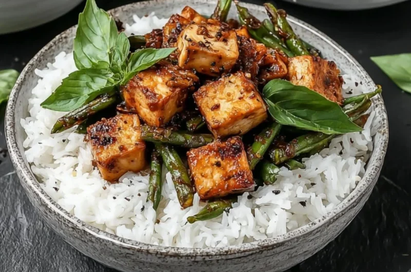 Vegan Black Pepper Tofu Stir Fry served with colorful vegetables in a bowl.
