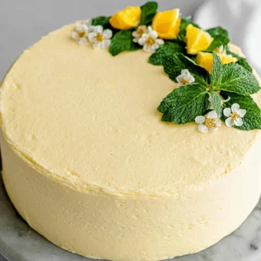 Vegan lemon cake topped with lemon cream cheese frosting on a white plate.