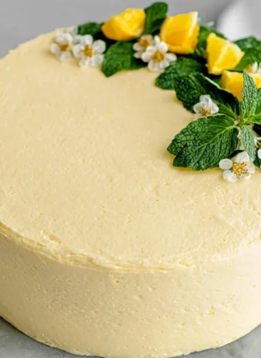 Vegan lemon cake topped with lemon cream cheese frosting on a white plate.