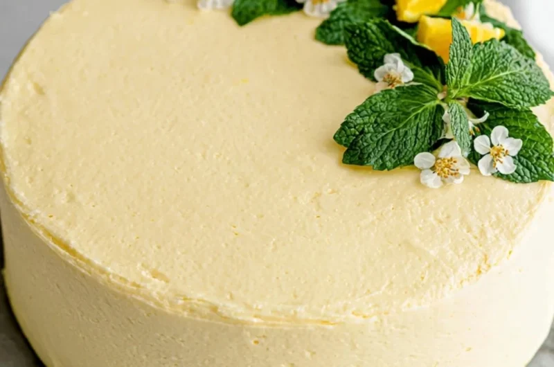 Vegan lemon cake topped with lemon cream cheese frosting on a white plate.