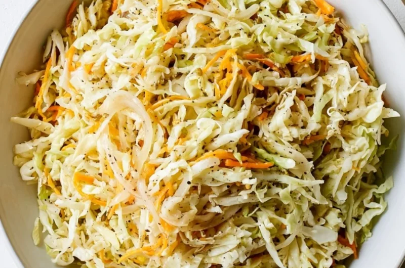Bowl of refreshing vinegar coleslaw with vibrant vegetables