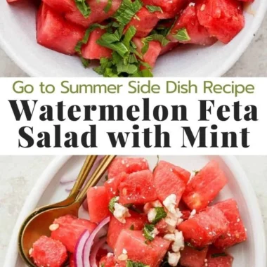 Watermelon feta salad with mint served in a bowl garnished with fresh mint leaves
