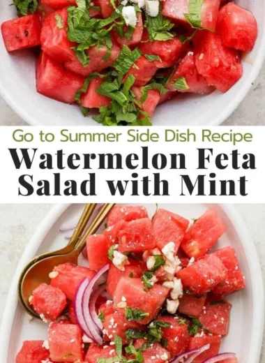 Watermelon feta salad with mint served in a bowl garnished with fresh mint leaves