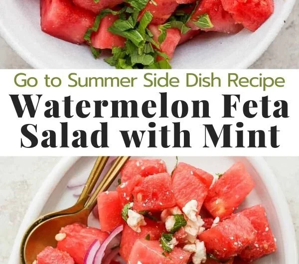 Watermelon feta salad with mint served in a bowl garnished with fresh mint leaves