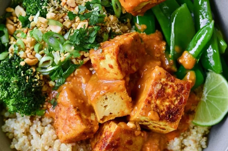 Cozy Thai Peanut Tofu Quinoa Bowl topped with fresh vegetables and peanut sauce