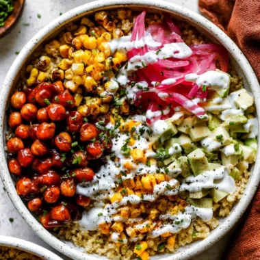 BBQ Ranch Chickpea Quinoa Bowls with fresh ingredients and vibrant colors