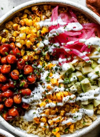 BBQ Ranch Chickpea Quinoa Bowls with fresh ingredients and vibrant colors