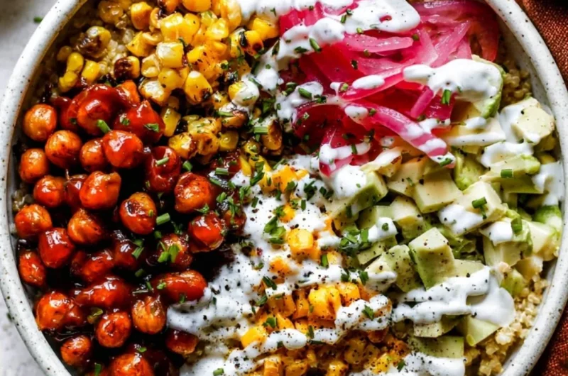 BBQ Ranch Chickpea Quinoa Bowls with fresh ingredients and vibrant colors