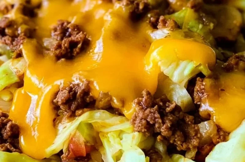 Cabbage Taco Skillet with vibrant veggies and toppings in a skillet