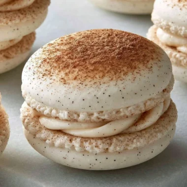 Delicious cinnamon roll macarons served on a rustic wooden table