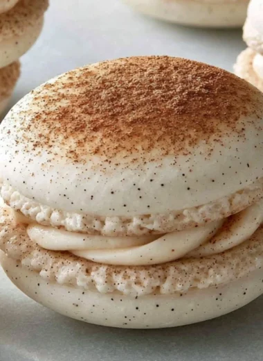 Delicious cinnamon roll macarons served on a rustic wooden table