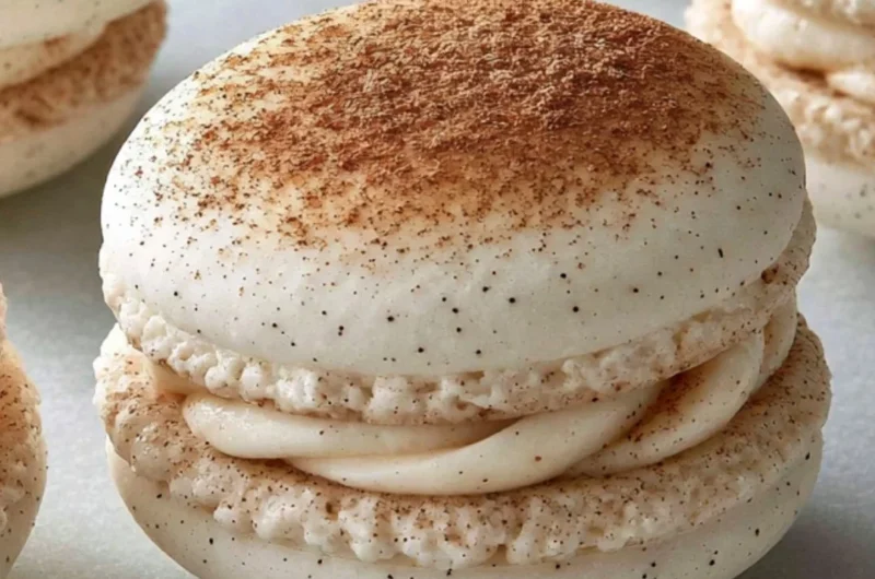 Delicious cinnamon roll macarons served on a rustic wooden table
