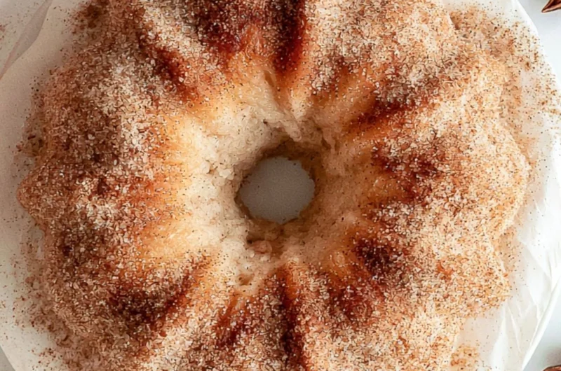 Cozy apple cider donut cake topped with cinnamon and served on a rustic plate