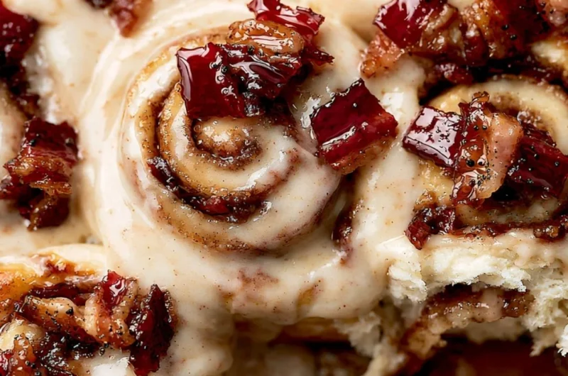 Cozy bourbon maple bacon cinnamon rolls topped with delicious syrup