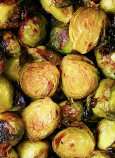 Cozy Brussels sprouts with balsamic glaze in a serving dish