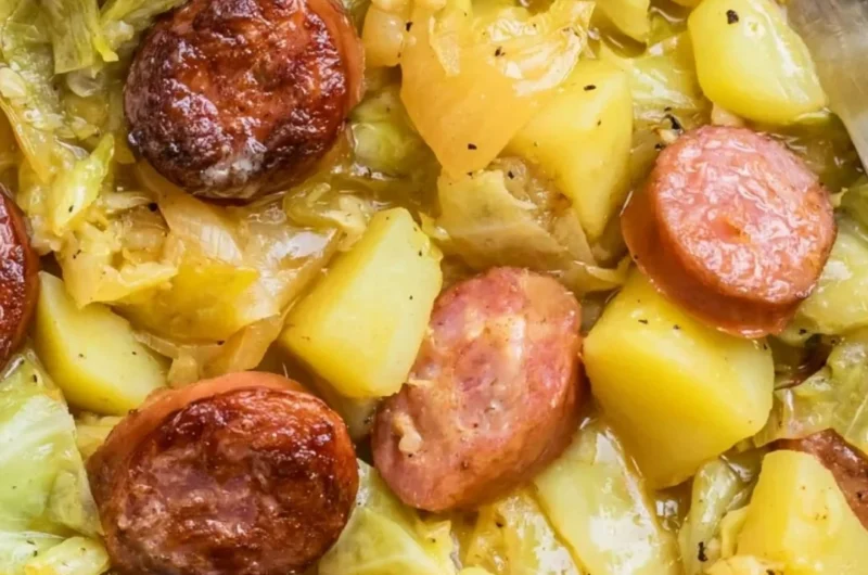Warm dish of cabbage, potatoes, and sausage served in a bowl