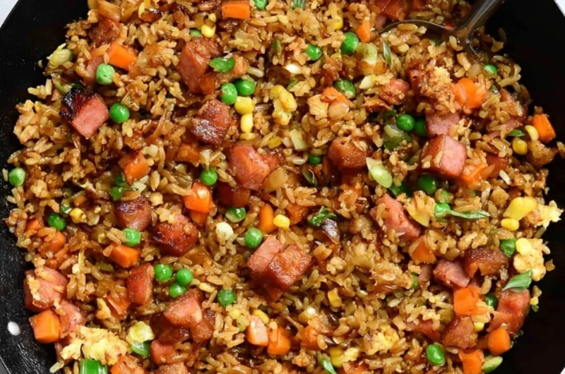 A steaming bowl of cozy delicious Spam Fried Rice garnished with green onions.