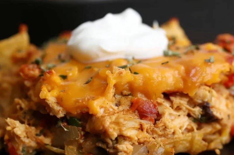 Delicious King Ranch Chicken Casserole topped with cheese and served in a baking dish.